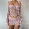 Glitter Sequins Knitted Skirt Sets Women 3 Piece Outfit Vacation Festival Clothing Sheer Top and Mini Skirt Matching Sets