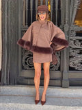 Women Plaid Fur Trim Cape Mini Skirt Set High Neck Checkered Shawl Coat Short Skirt Two Piece Outfit 2026 Autumn Elegant Suit