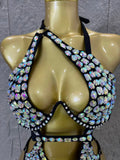 Gold Luxurious Black Bodysuit Women Sexy Halter Neck Iridescent Crystal Embellished Cutout Outfit Stage Performance Costume