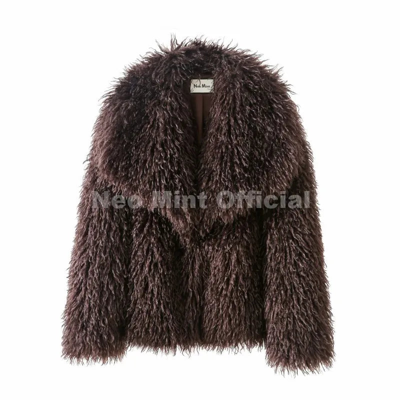 2026 Winter Lulicore Fashion Brown Faux Fur Coat Women Chic Autumn Warm Fluffy Sheep Fur Jacket Big Fur Collar Overcoat