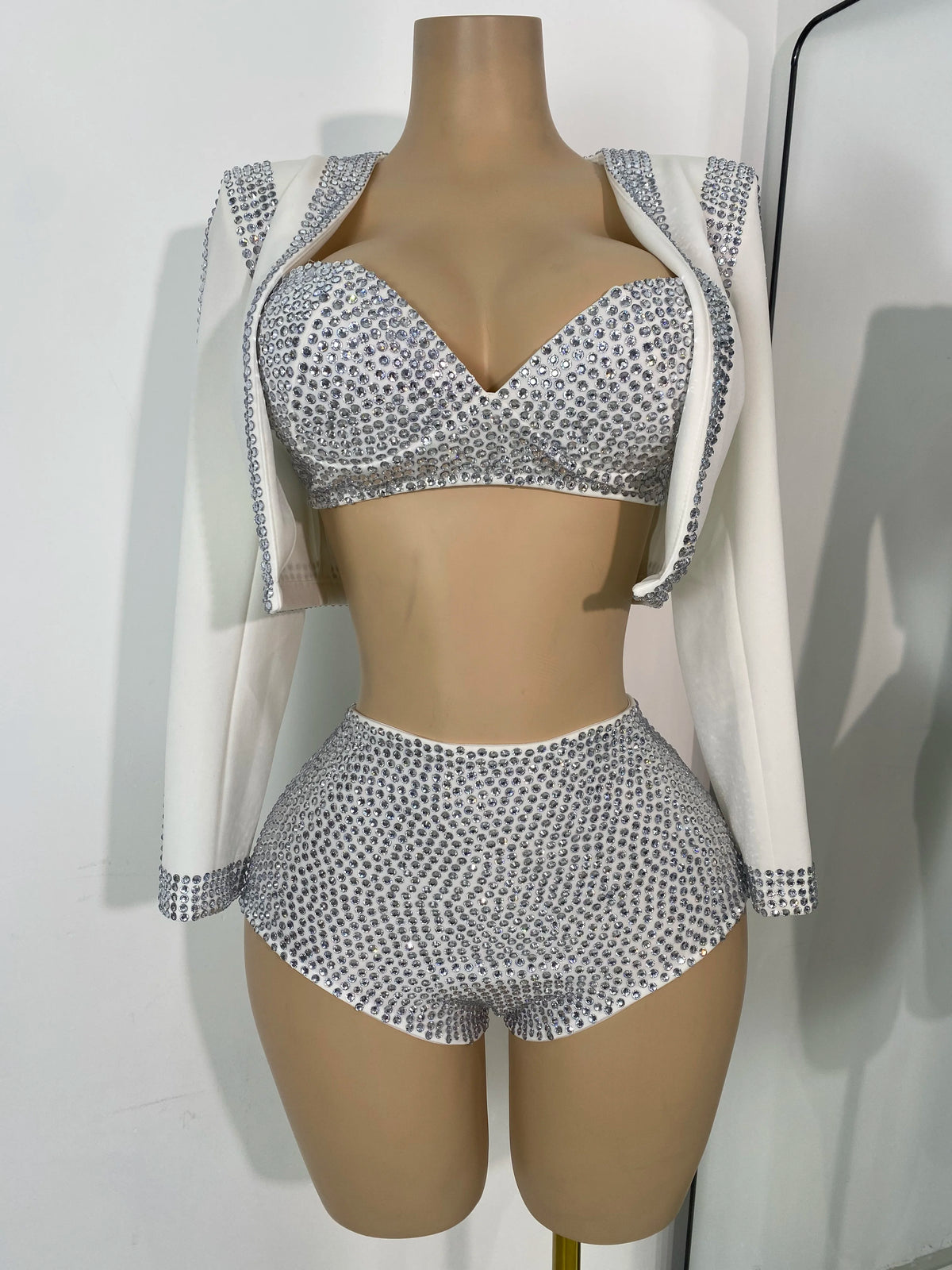 Women's Rhinestones Top Shorts Sets Nightclub Show Three Pieces Outfit Nightclub Performance Singer Dance Costume Stage Wear