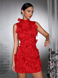 Spliced Appliques Elegant Dresses For Women Stand Collar Sleeveless High Waist Patchwork Zipper Mini Dress Female