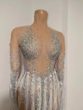 Sexy Sparkly Rhinestone Tassel Long Sleeves Mesh See Through Mini Dress 2026 Women Latin Dance Nightclub Party Club Stage Wear