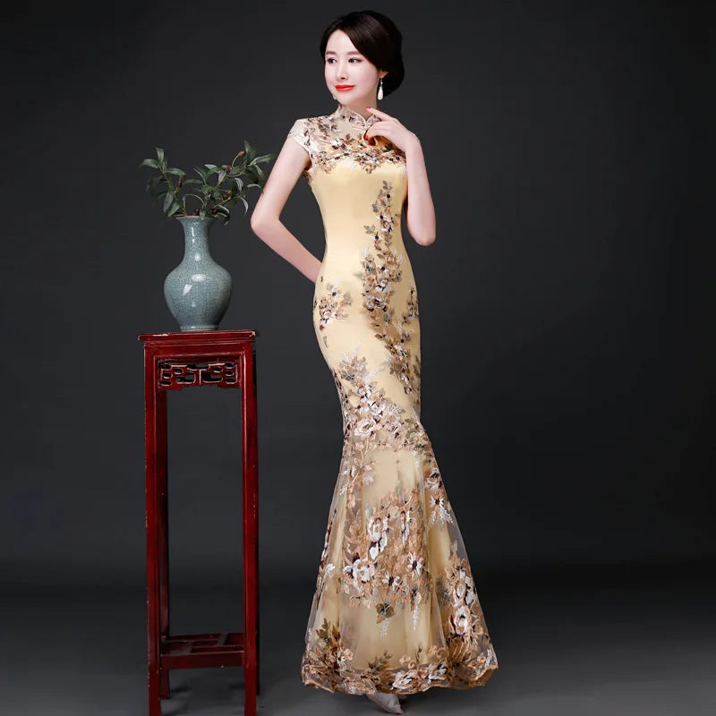 Elegant Female Qipao Dress Retro Mandarin Collar Cheongsam Sexy Mermaid Evening Party Dress Applique Vestidos De Festa