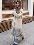 Beige Woolen Lapel Collar Fringe Hem Oversized Long Coats Chic Long Sleeve Warm Jackets Winter Daily Street Lady Outerwear 2026