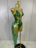 Women Sparkly Green Rhinestone Tassels Sexy Latin Dancer Mesh Bodysuit Eveing Party Birthday Nightclub Performance Stage Costume