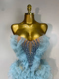 Women Sexy Strapless Sky Blue Diamonds Mesh Mini Dress Luxury Birthday Evening Party Costume Bar Nightclub Singer Stage Outfit