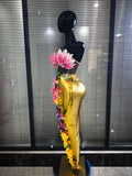 Golden Sequined Women Sexy Florals Tops Bodycon Long Skirt 2 Pieces Set Celebrate Evening Party Birthday Photoshoot Wear