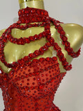 New Luxury Sparkly Red Rhinestones Stretch Bodysuit Women Birthday Party Nightclub Bar Singer Dancer Performance Stage Costume