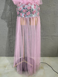 Women Sheer Mesh Rhinestone Skirt Long Tulle TrainSexy Costume For Club Party Stage ShowEvening Performance Events