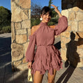 Off The Shoulder Short Dress Female Stand Collar Long Sleeve Ruched Waist Ruffles Dresses for Elegant Retro Date