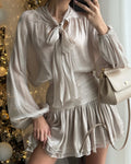New Women's Skirt Two Piece Set Chiffon Bow Tie Top High Waisted Drawstring Mini Dress Suit Ladies Sexy See Through