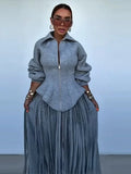 Grey Long Sleeve 2 Piece Outfit Chic Lapel Zip Slim Top Long Fringe Wide Leg Pants 2026 Autumn Women Casual Lady Matching Set