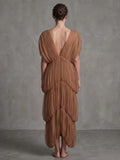 Sexy V Neck Tiered Folds Design Long Dress Women Sleeveless Multi-Layered Draped Temperament Dresses Evening Party Gowns