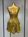 Luxury Gold Sparkly Sequins Diamonds Mini Dress Birthday Dress Women Sexy Performance Costume Singer Stage Nightclub Outfit