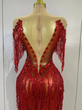 Sexy Sparkly Red Diamonds Tassel Mesh See Through Long Dress Women Eveing Birthday Party Nightclub Singer Stage PhotoShoot Wear