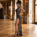 Black Sexy Rhinestone Party Dress for Women Elegant Glitter Diamonds Birthday Dresses Sheer Mesh High Split Prom Long Dress