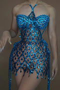 Women's Two-piece Peacock Blue Sequined Rhinestone Tube Top Halter Sheer Dress Fashion Hot Party Stage Performance Evening Gown