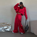 Casual Loose Coats Pants Set Women Full Sleeve Lapel Zippers Solid Coat Long Straight Pleated Pant Sets 2026 Autumn Lady Suit