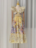 Luxurious Party Folds Design Draped Dress for Women V Neck Flying Sleeve Tunic Floral Printing Vintage Midi Dresses Female