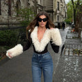 Women 2026 Fall Deep V Neck Furry Cuff Long Sleeve Short Jumpsuit Slim Fit Romper Shorts For Nightclub Date Evening Party Wear