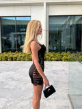 Black Satin Lace Cutout Mini Dress Camisole Deep V Corset Buckle Bodycon Gown 2026 Summer New Nightclub Dating Party Streetwear