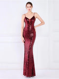 Women Spaghetti Strap Party Maxi Dress Sexy V Neck Evening Green Sequin Dress Elegant Long Prom Dress Vestido Longo