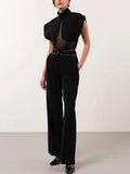 Black Loose Spliced Mesh Jumpsuits for Women Stand Collar Sleeveless Sexy Temperament Jumpsuit Female Fashion New