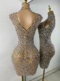 Gold Party Evening Short Dress Sparkly Diamonds Luxury Elegant Mesh See Throught Cocktail Birthday Clothing Night Club Show Wear