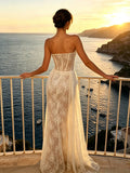 Elegant Strapless Lace Long Ribbon Wedding Dress Patchwork Vintage Floral Lace Bridal Gown Sheath Fitted Dresses