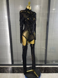 Red Black Women Long Sleeve Sexy Mesh See Through Sparkly Crystal Bodycon Jumpsuit Celebrate Nightclub Bar Dance Stage Wear