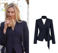 Elegant Pinstripe Skirt Suit Women V Neck Peplum Blazer Mini Skirt Set With Tie Neck Scarf Lady Office Business 2 Piece Outfit
