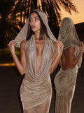 Mesh Hooded Dress Women Halter Swing Collar Backless Ruched Peach Hip 2026 New Vacation Sexy Elegant Hottie Bodycon