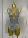 Sparkly Silver Diamonds Tassel Mesh Sheer Bodysuits Eveing Birthday Party Latin Dancer Bar Nightclub Sexy Stage Costume