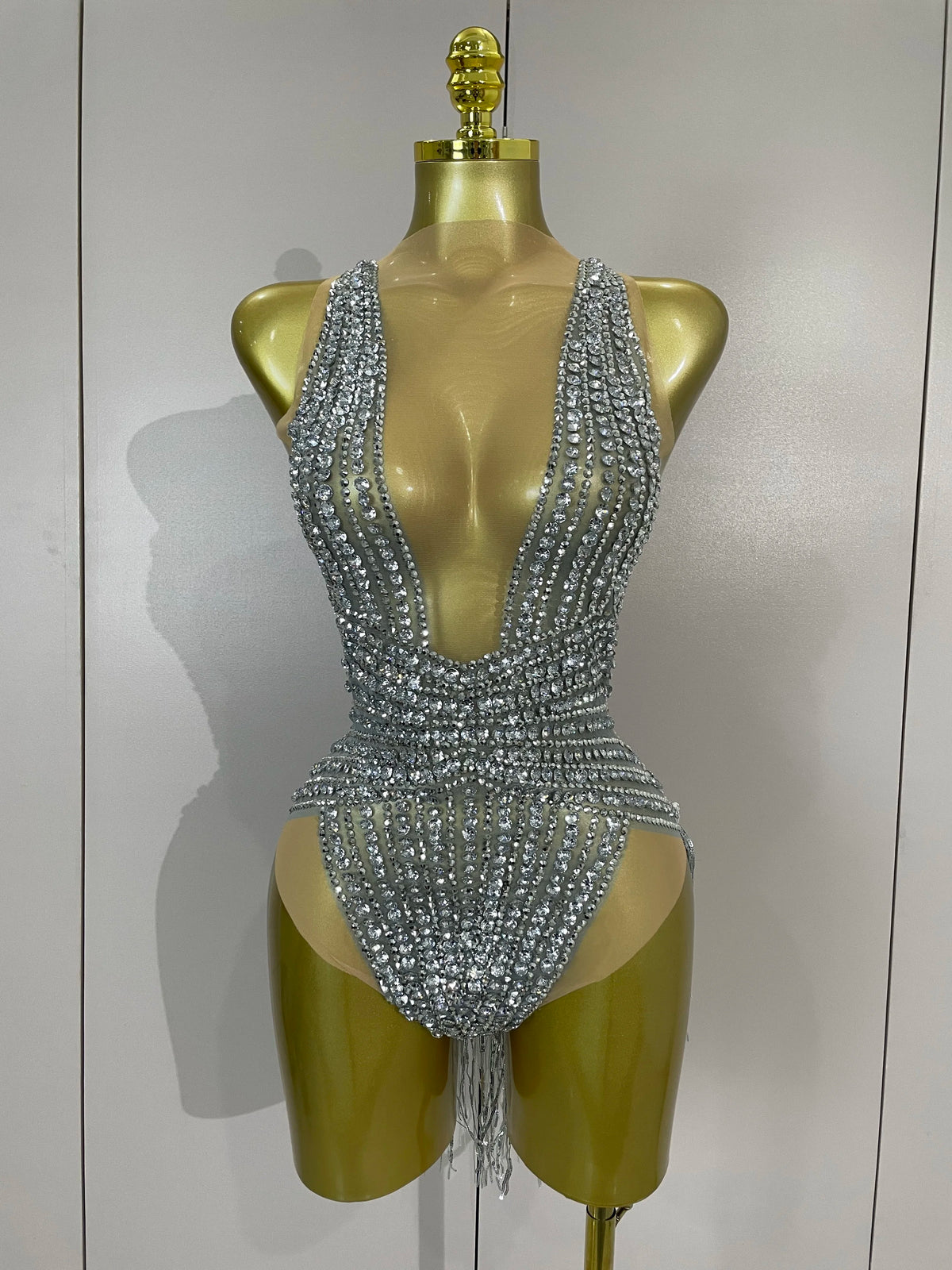 Sparkly Silver Diamonds Tassel Mesh Sheer Bodysuits Eveing Birthday Party Latin Dancer Bar Nightclub Sexy Stage Costume