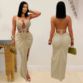 New Women's Hemp Rope Maxi Dress Sexy Criss Cross Cut-Out Halter Neck Backless High Slit Party Dresses Birthday Outfits