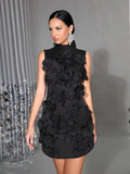 Spliced Appliques Elegant Dresses For Women Stand Collar Sleeveless High Waist Patchwork Zipper Mini Dress Female