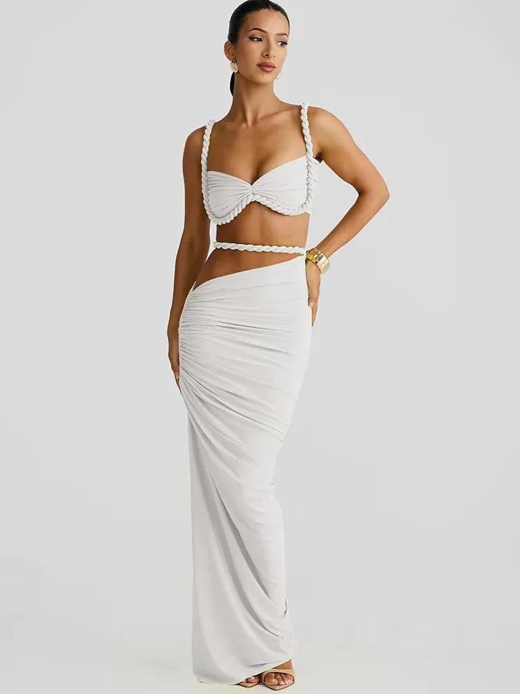 Bandage Ruched 2 Piece Set Women Square Collar Bra+Skinny Long Skirts 2025 Summer Vacation Beach Party Trend Suits