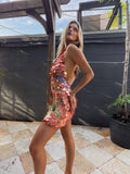 Women Orange Sequin Mini Dress Starfish Fish Applique Sheer Backless Halter Mesh Short Dress Lady Beach Party Vacation Vestidos