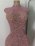 Luxury Crystal Diamonds Long Party Dress Sexy Mesh Sleeveless See Through Evening Prom Birthday Women's Clothing Singer Wear