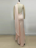 Elegant Solid 3D Flowers Ribbon Women Halter Dress Off Shoulder Sleeveless Backless Slim Female Maxi Dresses Chic Lady Robe