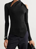 Asymmetrical Solid Knitting Sweater For Women Irregular Collar Long Sleeve Hollow Out Pullovers Female Fashion 2023
