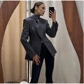 V Neck Fitted Waist Large Lapel Women Blazer Button Front Tailored Blazer With Detachable Neck Scarf Long Sleeve Casual Jackets