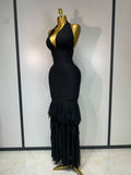 Women Sexy Halter Neck Ruffles Pacthwork Bandage Dress Black Sleeveless Backless Bodycon Dresses Evening Party Birthday Gown