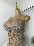 Luxury Women Sexy Shiny Crystal Feathers Hollow Out Bodysuit Nightclub Performance Dance Costume Nightclub Singer Stage Wear