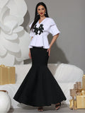 Elegant Rhinestone Appliques Half Sleeve Top&High Waist Mermaid Long Skirt Two Piece Set Women Formal Bandage Dress Set