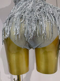 Sparkly Silver Diamonds Tassel Mesh Sheer Bodysuits Eveing Birthday Party Latin Dancer Bar Nightclub Sexy Stage Costume