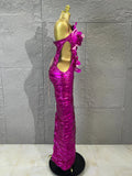 Fuchsia High-end Feather Floral Long Dress Women Hollow Cutout Long Gown Evening Prom Carnival Stage Performance Costume