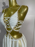 Women Vacation Beach Style Celebrate Birthday Party Outfit Sexy White Halter Sequined Hollow Out Transparency Long Maxi Dress