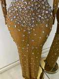 Sparkly Rhinestone Women Sexy Mesh See Through Floor Length Long Sleeve Birthday Dress Party Nightclub Stage Wear